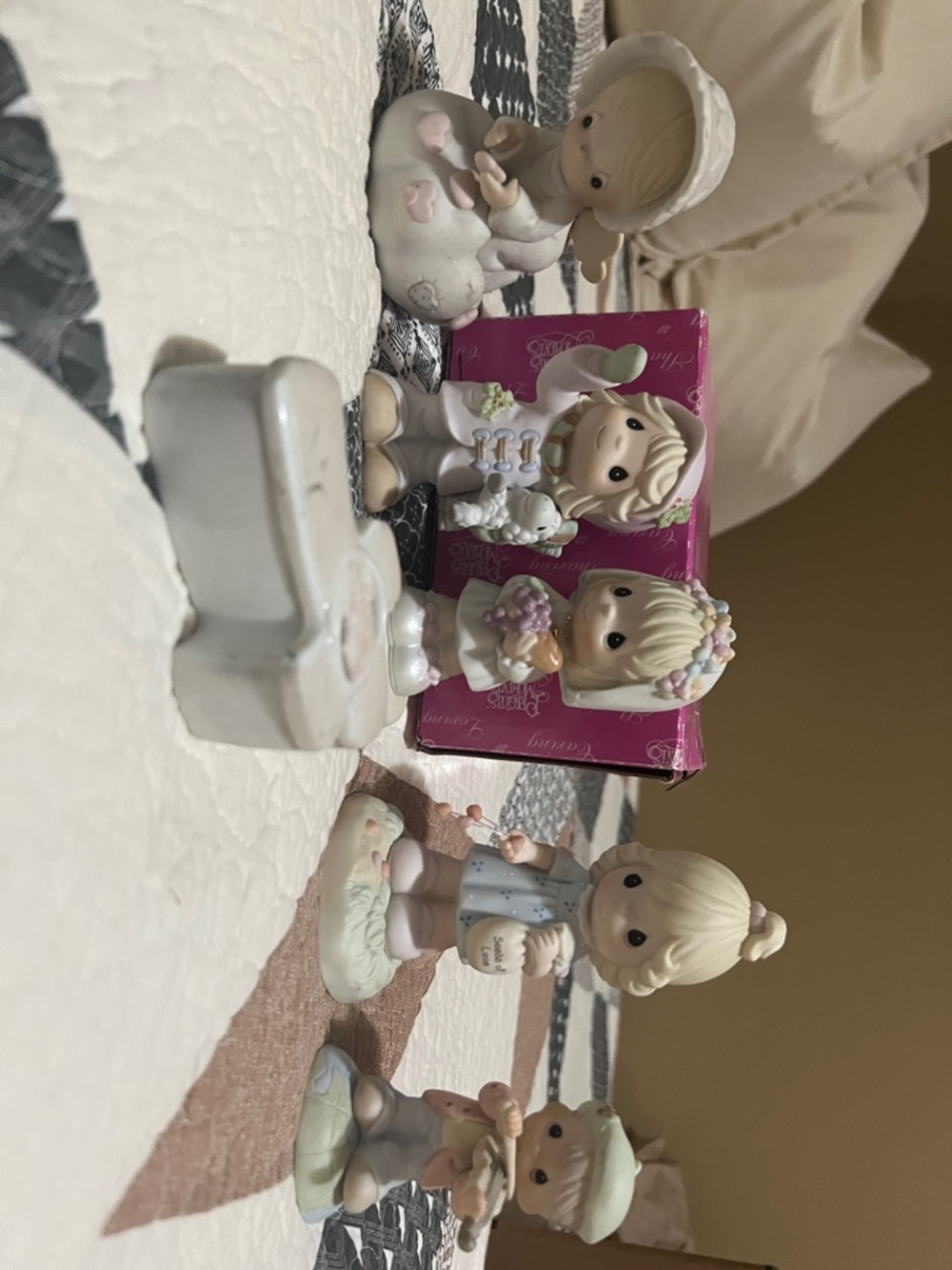 Precious Moments Pastel Porcelain Figurine Set in Pink, Cream, Mint